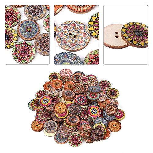 100Pcs 1 inch Mixed Pattern Vintage Wooden Buttons with 2 Holes DIY Sewing Craft Decorative for Clothes Hats Shoes Kintwear