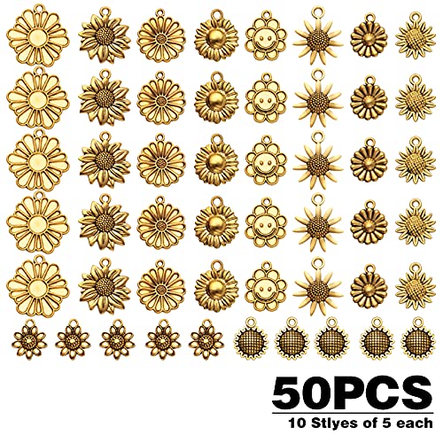 50pcs Antique Gold Sunflower Charms Tibetan Alloy Vintage Flower Pendants Crafts Supplies for DIY Earring Necklace Bracelet Key Chains Jewelry Making Findings, 10 Styles