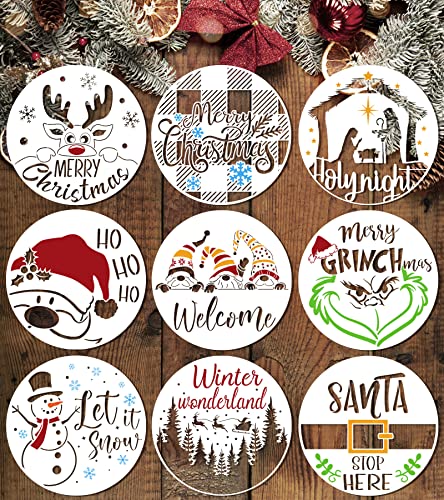 9Pcs Christmas Stencils Reusable, 12X12 Inch Round Large Christmas Stencils for Painting on Wood Sign Front Door Hanger Xmas Home Decor