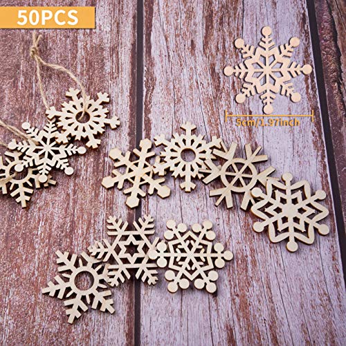 QUACOWW 50 Pieces Christmas Wooden Snowflake Ornaments Unfinished DIY Wood Snowflake Cutouts Christmas Tree Hanging Ornaments with Strings for DIY Christmas Decorations Crafts (2 Inch)