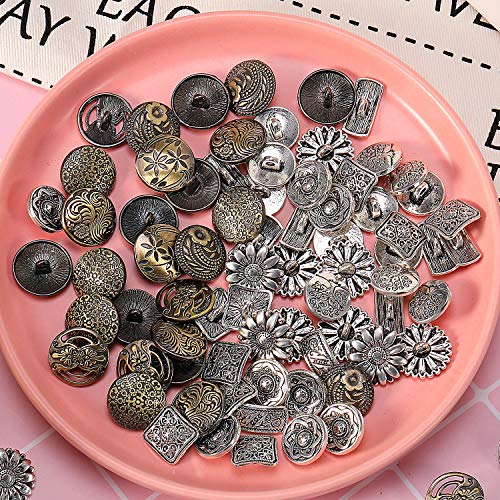 Metal Buttons 80 Pieces Antique Silver and Bronze Color for Sewing DIY Crafts Sewing Decorations, Mixed Vintage Style Flower Round Buttons