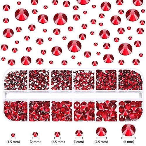 2000 Pieces Flat Back Gems Round Crystal Rhinestones 6 Sizes (1.5-6 mm) with Pick Up Tweezer and Rhinestones Picking Pen for Crafts Nail Face Art Clothes Shoes Bags DIY (Dark Red)