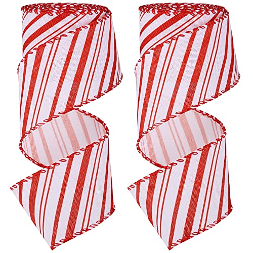 2 Rolls Christmas Peppermint Stripe Ribbon Red and White Wired Ribbon Christmas Candy Wrapping Ribbon Christmas Wide Fabric Ribbon for Christmas Wreath Bow Making DIY Craft Home Decoration