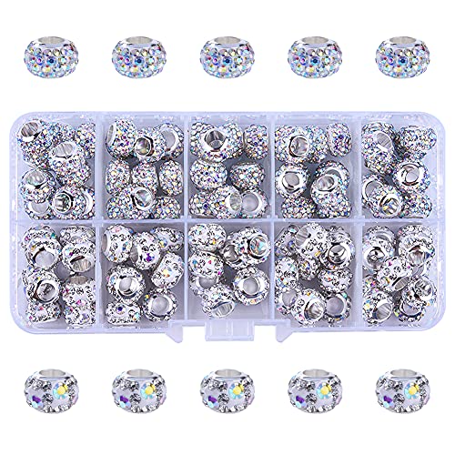 100 Pieces Assortment Crystal Rhinestone Pave European Beads Large Hole Rondelle Charm Bracelet Snake Chain Beads with Plated Metal Color for Jewelry Making Supplies (3 Rows and 4 Rows, Silver Tube)