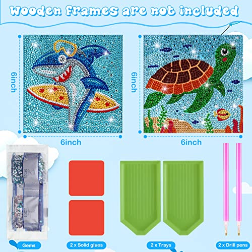 Zonon 2 Set 5D Diamond Painting Kit for Kids Wooden Frame Art and Crafts 6 x 6 Inch Diamond Art for Kids 5D Diamond Painting by Number Kits Cute Gem DIY Crafts Home Wall Decoration (Tortoise,Shark)