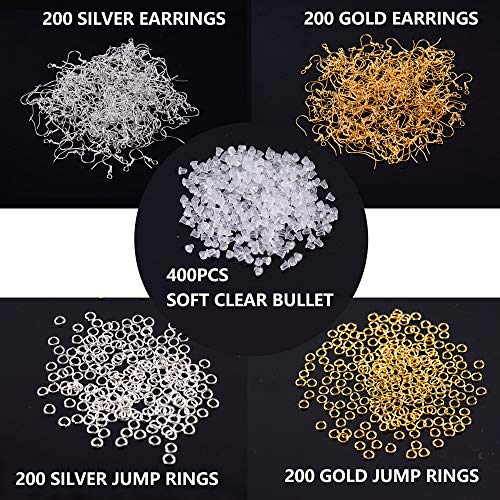 1200PCS 925 Sterling Silver Ear Wire Earrings Making Supplies Kit, Silver Hypoallergenic Earring Fish Hooks, Jump Rings Clear Silicone Earring Backs for DIY Jewelry Making (Silver and Gold)