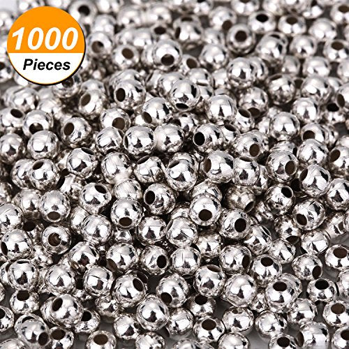Pangda 1000 Pack 4 mm Metal Spacer Beads Metallic Plated Round Beads Tiny Smooth Beads for Necklaces, Bracelets and Jewelry Making (Silver)