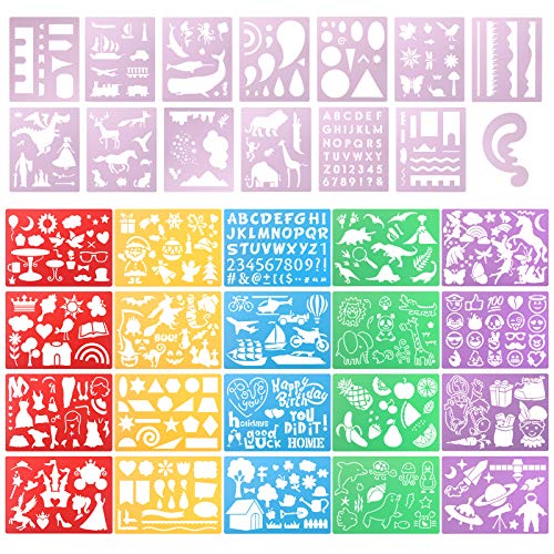 Jucoan 34 PCS Drawing Stencils Set for Kids, Over 500 Stencil Shapes, Reusable Plastic Drawing Templates, Perfect DIY Crafts Creativity Kit