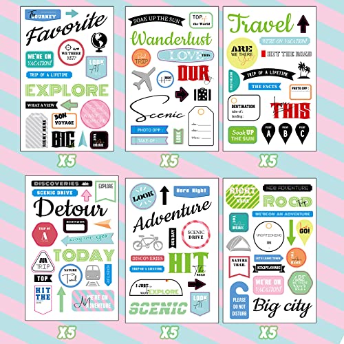 30 Sheet Scrapbooking Sticker Decals 500 Pieces Happy Family Friend Theme Waterproof Sticker Multi Style Vinyl Stickers Scrapbooking Embellishment Decor for Family Art Project (Travel Theme)
