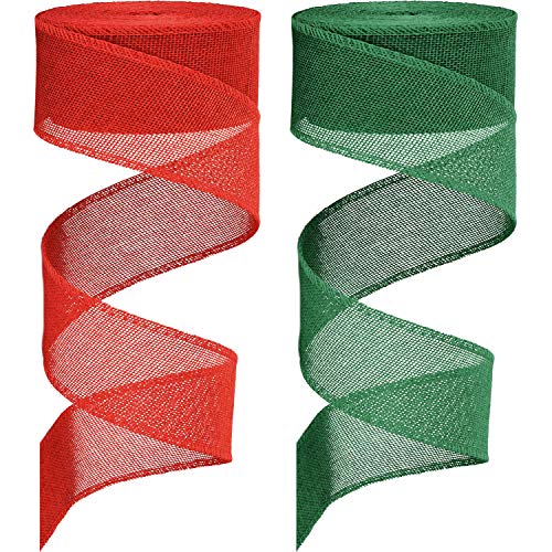 2 Rolls Faux Burlap Ribbon Christmas Burlap Ribbon Rolls for DIY Craft Gift Wrap Decor (1.5 Inches by 394 Inches, Red and Green)