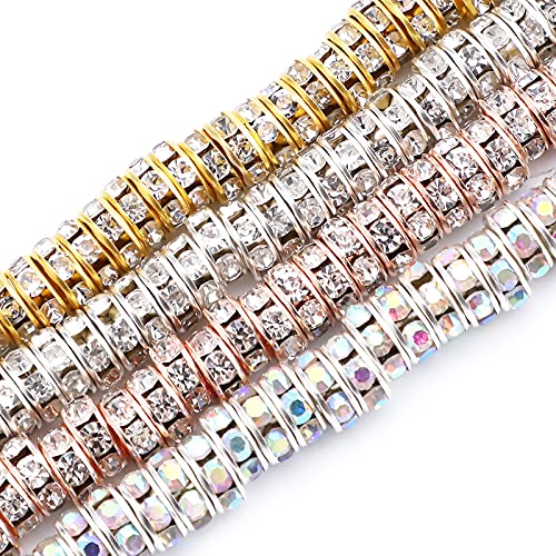SAVITA 200Pcs 8mm Rondelle Beads Rhinestone Crystal Loose Round Spacer Beads for Bracelet Necklace Jewelry Making Decorations (Silver, Gold, Rose Gold, AB Colorful)