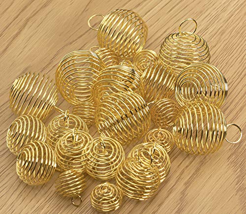 Shapenty 3 Sizes 15mm / 25mm / 30mm Silver Plated Spiral Bead Cage Pendants  Stone Holder for Necklace Jewelry Finding Making and Crafting, 30PCS (Gold)