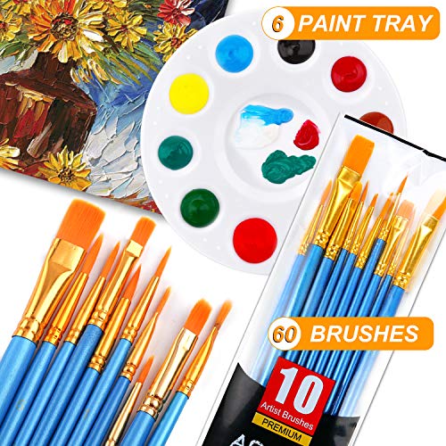 Painting Brush Palette Set, with 6 Packs of 60 Brushes and 6 Palettes,Nylon Brush Head, Suitable for Oil Watercolor, etc, Perfect Art Painting Set.