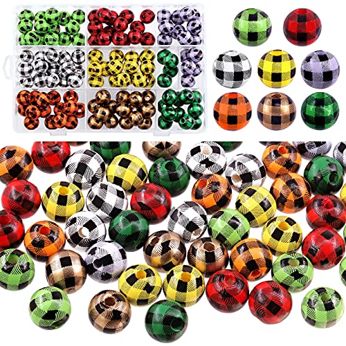 Rustark 120Pcs 16mm 8 Colors Buffalo Plaid Wood Beads Assortment Kit, Natural Craft Round Wood Beads with Holes Print Wooden Beads for DIY Crafts Garland Jewelry Making