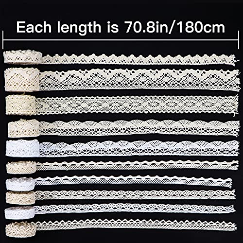 YOLUFER 10 Rolls 20 Yards White and Beige Cotton Lace Trim, Lace Ribbon Assorted Patterns Lace Trim for Decorations and DIY Sewing Craft Supply