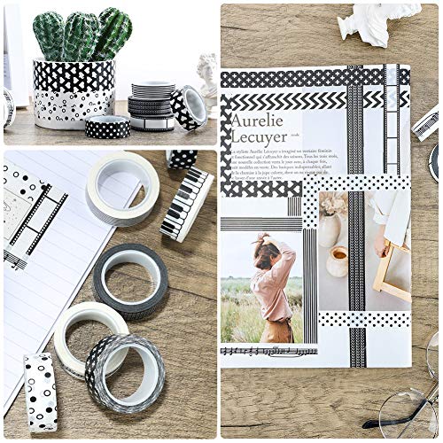 12 Rolls Washi Tape Set,0.6 inches,12 Styles Black and White Decorative Masking Tape for DIY Crafts Gifts Scrapbook Journal Planners Birthday Decor Supplies for Kids and Аdults