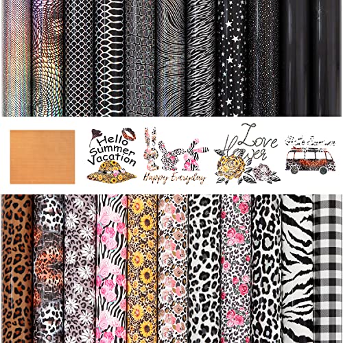 KINGSOW Black Heat Transfer Vinyl: 22 Pack 12x10 Inch Leopard Cheetah Print Black HTV Bundle Holographic Floral Pattern Iron on Vinyl Sheets for Cricut