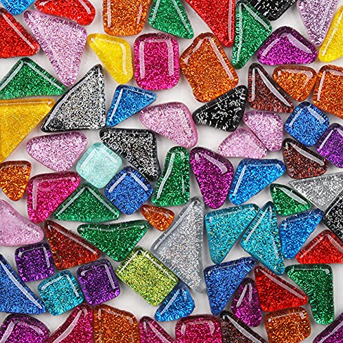 Irregular Shape Mosaic Tiles Mixed Color Glass Mosaic Glass Pieces for Home Decoration or DIY Crafts 120 Pieces/200g Square Triangle Rectangle(Panchromatic Mix)