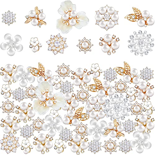60 Pieces Rhinestone Buttons,Faux Pearl Embellishments Buttons,Flat Back Flower Rhinestone Buttons for Crafts,Jewelry Making,DIY Wedding Decorations,Clothes Bags Shoes Supplies