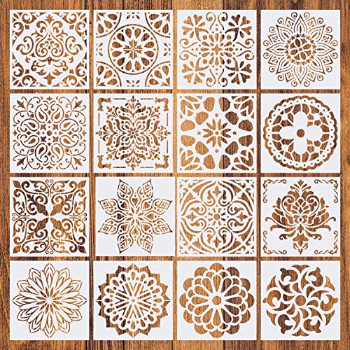 Mandala Reusable Stencil Set of 16 (6x6 inch) Painting Stencil, Laser Cut Painting Template for DIY Decor, Painting on Wood, Airbrush, Rocks and Walls Art