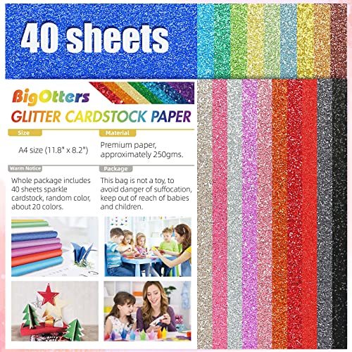 BigOtters Glitter Cardstock Paper, 40 Sheets Sparkly Paper Premium Craft Cardstock with 2 Scissors for Christmas Thanksgiving Gift Box Wrapping Birthday Party Decor Scrapbook, 20 Colors 250GSM