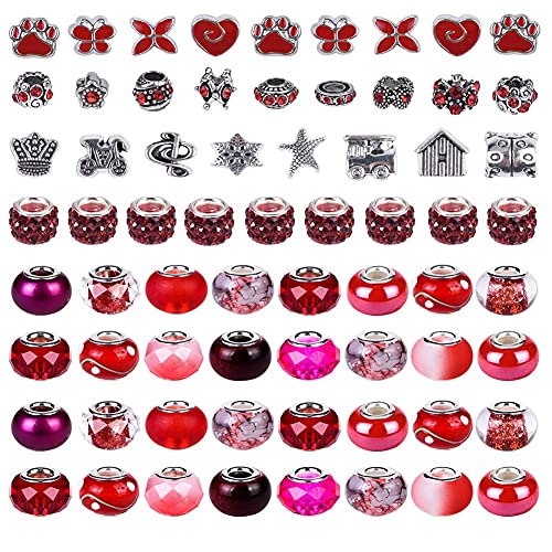 100 PCS Assorted European Craft Beads Big Hole Crystal Lampwork Spacer Beads Colorful Antique Silver Beads Rhinestone European Beads for DIY Necklace Bracelet Jewelry Making (Siam)