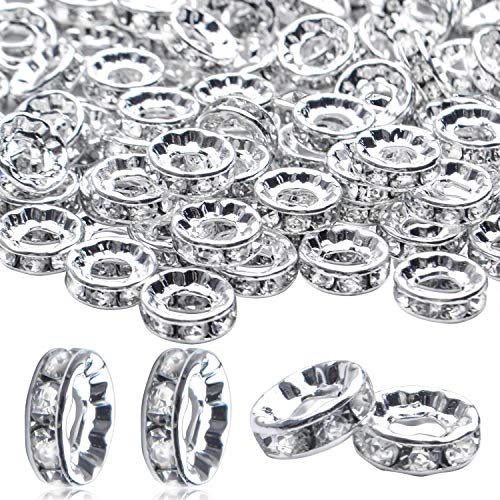 BronaGrand Rhinestone Spacer Beads,100Pcs Crystal Rhinestone Spacer Beads Large Hole European Beads Metal Beads Supplies for DIY Bracelet Necklace Jewelry Making
