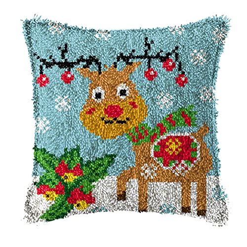Latch Hook Pillow Kit New DIY Christmas Reindeer Throw Pillow Cover with Color Pattern Printed, Crochet Needlework Crafts for Adults Kids Xmas Decor 17'' x 17''