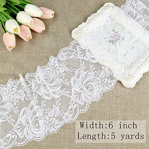 IDONGCAI White Lace Wide Sewing Lace Fabric Lace Elastic Ribbon Trim Stretchy Lace for Wedding (White, 6"×5 Yards)