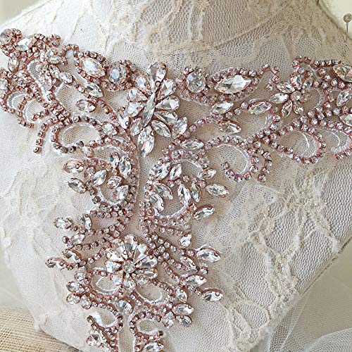 Sparkle Rhinestone Applique Wedding Dress Accessories Beaded Patch V-Neck Crystal Neckline Rose Gold Color
