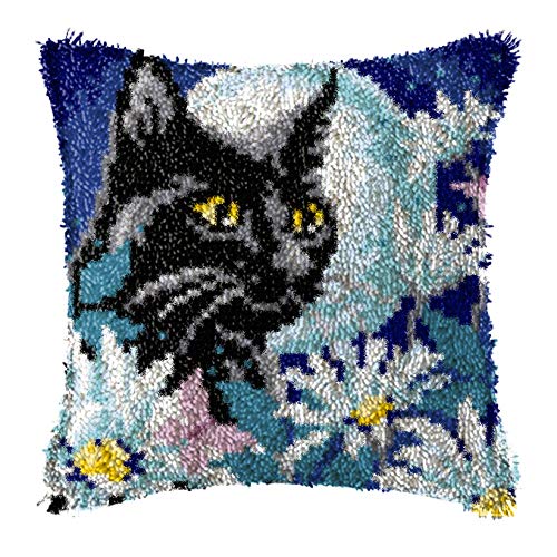LAPATAIN Latch Hook Kits for DIY Throw Pillow Cover,Black Cat Needlework Cushion Cover Hand Craft Crochet for Great Family 17x17inch