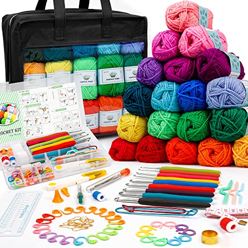 103 PCS Crochet Kit with Crochet Hooks Yarn Set, Premium Bundle Includes 2180 Yards Acrylic Yarn Skeins Balls, Needles, Accessories, Bag, Ideal Starter Pack for Kids Adults Beginner Professionals