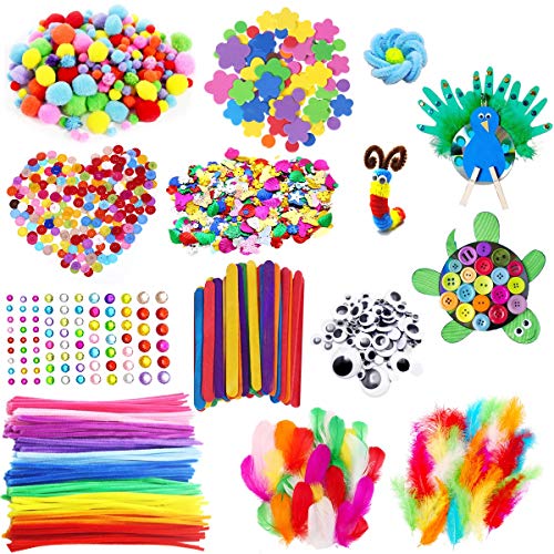 Pipe Cleaners Craft Supplies, Arts and Crafts Supplies Including Pipe Cleaner, Wiggle Googly Eyes, Pom Poms, Buttons, Feathers, Ice Cream Sticks, Sequins and More Craft Supplies for Kids Adults