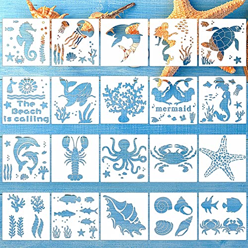 YEAJON 20 Pieces Sea Ocean Creatures Stencils Reusable Sea Animal Stencil for Painting on Wood, Wall, Fabric, Signs, Home Decor, Pillows, DIY Art Scrapbook Projects( 6 x 6 inch)