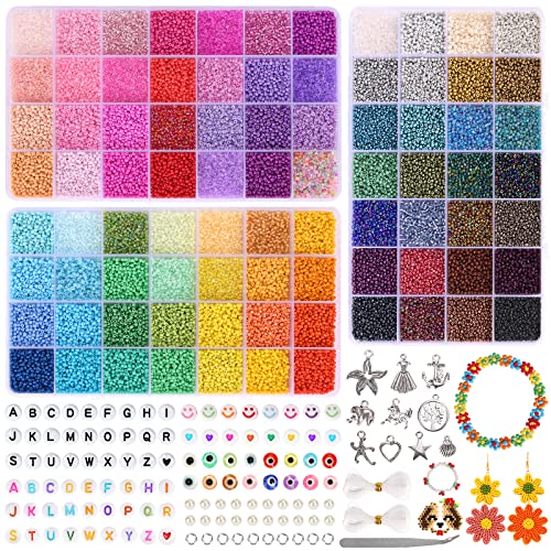 QUEFE 50400pcs, 84 Colors, 2mm Glass Seed Beads with 300pcs Alphabet Letter Beads and Smiley Face Beads, Small Beads Kit for Bracelets Jewelry Making Kit, Necklace Ring, Craft Gifts