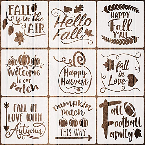 9 Pieces Fall Stencils Reusable Plastic Autumn Stencils Farmhouse Decor Stencils Templates for Painting on Walls Wood Fabrics Glass Furniture, 7.9 Inches
