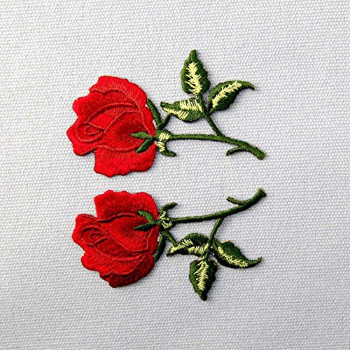 Flowers Boho Red Rose Patch Embroidered Retro Floral Applique Iron On Sew On Love Emblem, Set of 2 Pcs