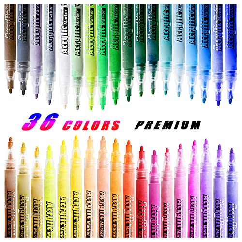 36 Colors Acrylic Paint Marker Pens, Premium Acrylic Paint Pens Set for Rock, Wood, Canvas, Stone, Glass, Metal, Ceramic Surfaces, Easter Egg and more Painting, Fine Tip, Bright Color, Low Odor, Easy to Ink, Convenient DIY.