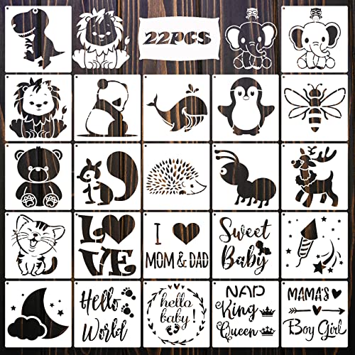 22 Pack Cute Baby Stencils for Onesie Decorating Kit Reusable Baby Shower Stencils for Painting on Fabric Bodysuit Shirts Bags Shoes Bibs Clothes Small Animals Theme Templates