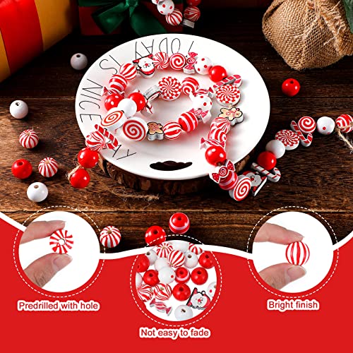 180 Pcs Christmas Wooden Beads Candy Cane Wooden Beads 16 mm Red White Christmas Dotted Striped Wood Beads Round Craft Beads with Rope for Holiday DIY Craft Garland Jewelry Making Party Home Decor