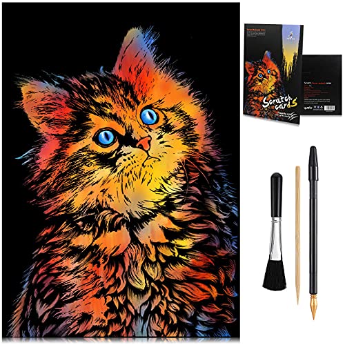 MIASTAR Scratch Art Animal Rainbow Painting Paper, Creative foil Scratch Art Toys Gift, Engraving Art & Craft Set, DIY Sketch Card Scratchboard for Kids & Adults - 16'' x 11.2'' with 3 Tools (Cat)