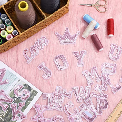54 Pieces Letter Sequin Iron On Patches A-Z Alphabet Patches Iron On Appliques Love Design Sew On Patches Glitter Hotfix Patches for Bag Shoes DIY Craft Supplies (Pink)