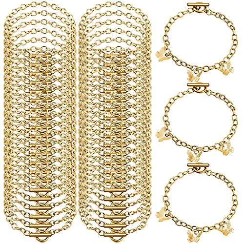 45 Pieces Bracelet Chains with OT Toggle Clasp Stainless Steel Bracelet Link Chains DIY Jewelry Making Bracelets Chains for Women DIY Jewelry Crafts Supplies (Gold)