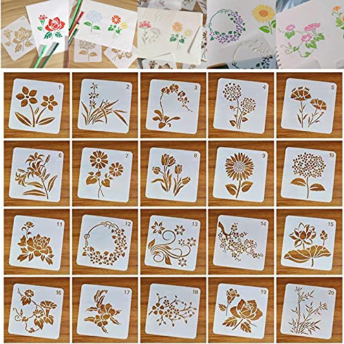 SuiGlory 20pcs Plastic Stencils for Painting, Painting Templates Stencil for DIY Scrapbook Furniture Wall Floor Home Decors (Flower)