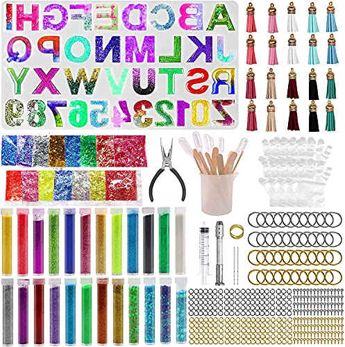 IGaiety Alphabet Silicone Molds Epoxy Resin Molds Backwards Number Molds Kit Reverse Letters DIY Molds with 451 PCS Accessories for Beginners Jewelry Making Resin Keychain Casting
