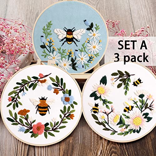 Lukinbox Embroidery Starter Kit for Beginners, 3 Sets Cross Stitch Kits for Adults, Include Embroidery Clothes with Cute Bees and Flowers Patterns, Embroidery Hoop, Threads, Needles and Instruction