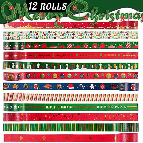 Christmas Washi Tape, Christmas Gift Tape for Holiday Gold Foil Christmas Decorative Washi Tapes, Christmas Masking Tape for Christmas Decorations Scrapbooking Journal Supplies (12 Rolls)