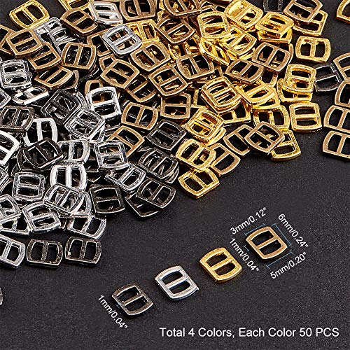 PH PandaHall 200 pcs 4 Colors Mini Alloy Rectangle Adjuster 6x5mm Tri-Glide Slides Buckle Webbing Slider for Fasteners Clothing DIY Accessories