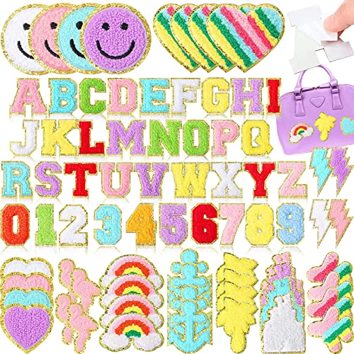 76 Piece Self Adhesive Chenille Letters Patches Cute Chenille Embroidered Patches Letter Patches Number Patches Sticker for DIY Jackets Clothing Patches Mobile Phone Backpacks Hat (Colorful, Classic)