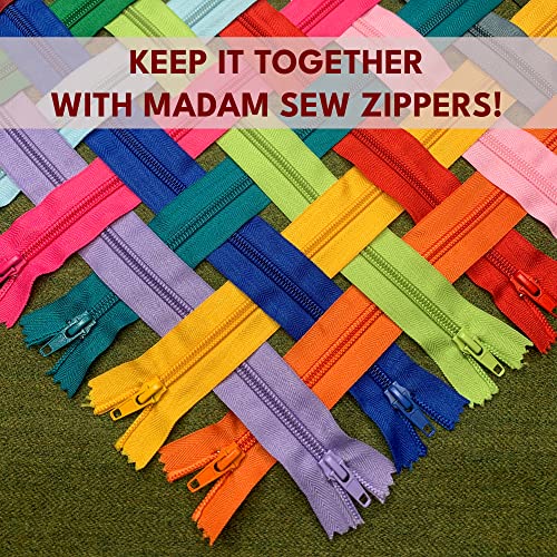 Madam Sew 44pcs 8 Inch Zippers for Sewing Garments – Bulk Zippers with Plastic Coil Teeth, Heavy Duty Metal Zipper Pulls and Nylon Tapes – Colorful Closed End, Non-Separating Zippers in 22 Colors